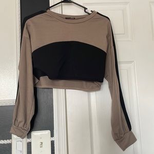 FASHIONNOVA Black/Beige Cropped Long Sleeve Top SIZE XS